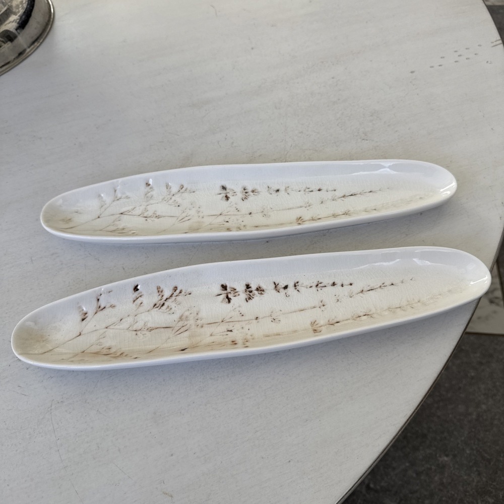MCM Pair Of Pottery Ivory 13.5" Long Olive Boat Trays